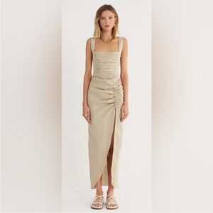 ▪️REVOLVE RUMER ESTELLE SQUARE NECK LINEN NATURAL COLOR RUCHED MAXI DRESS